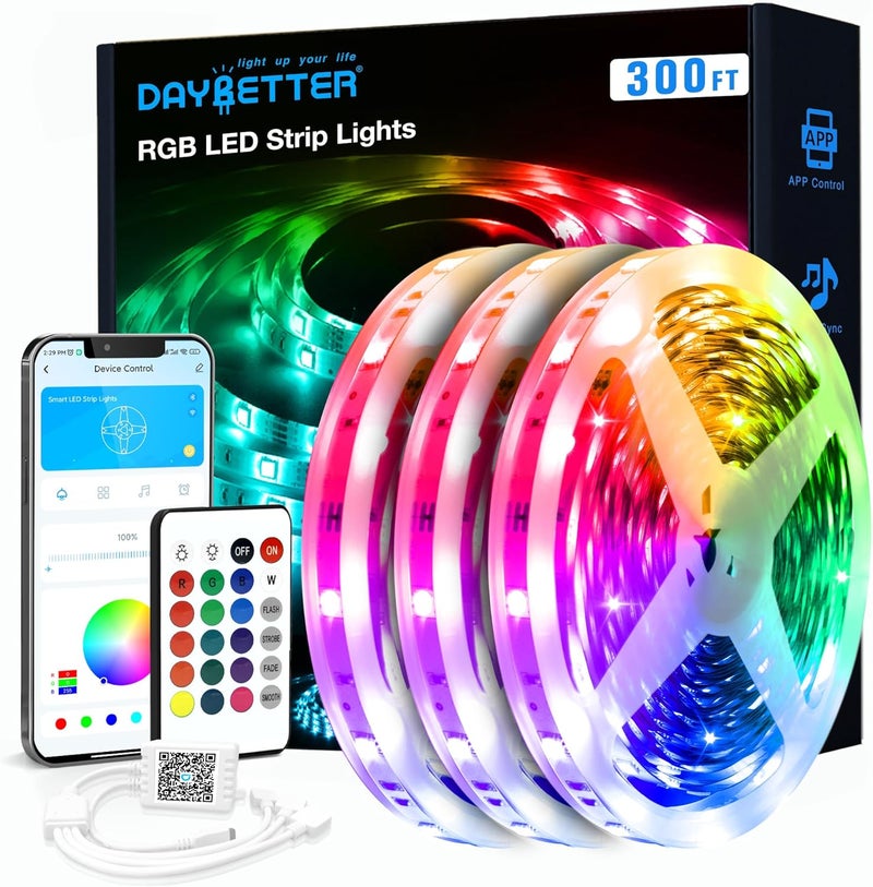 DAYBETTER LED Strip Lights 300 ft, Smart Light with App Remote Control, RGB LED Lights for Bedroom, Music Sync Color Changing for Room Home Decor Party Festival Halloween, Christmas (3 Rolls) - Image 1